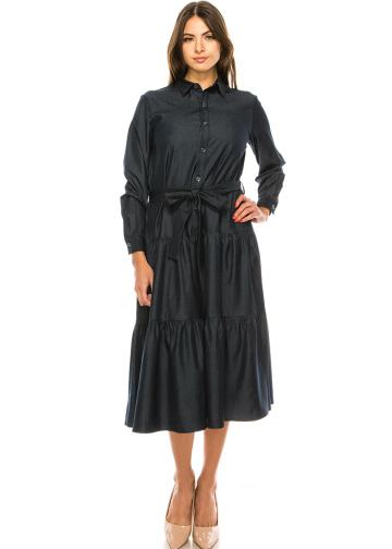 Navy Denim Tiered Hem Midi Dress