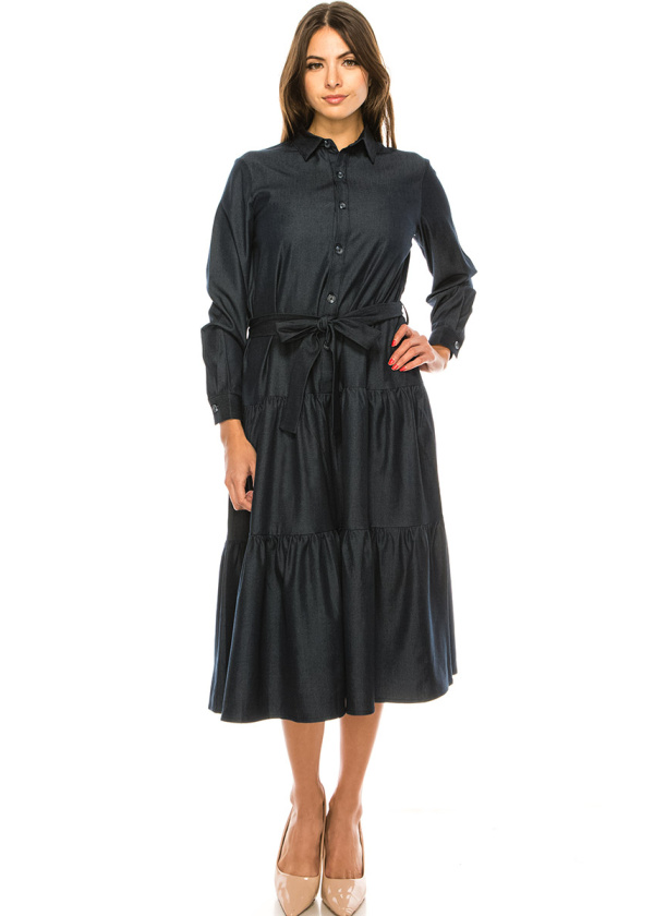Navy Denim Tiered Hem Midi Dress