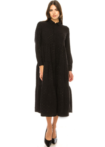 Black Shirt Collar Midi A-Line Dress