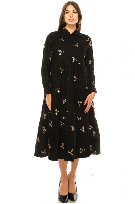 Black Linen Long Sleeves Midi Dress