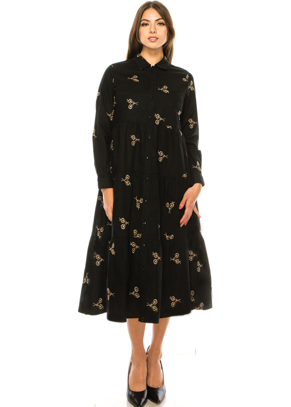 Black Linen Long Sleeves Midi Dress
