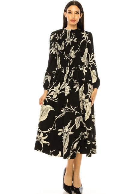 Black Floral Print Smocked Midi Dress