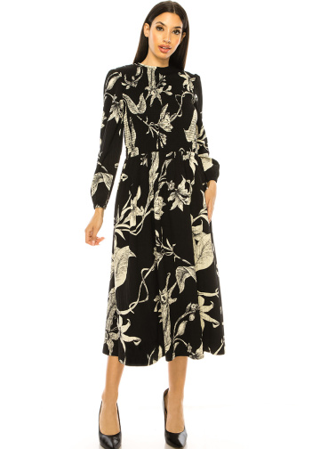 Black Floral Print Smocked Midi Dress