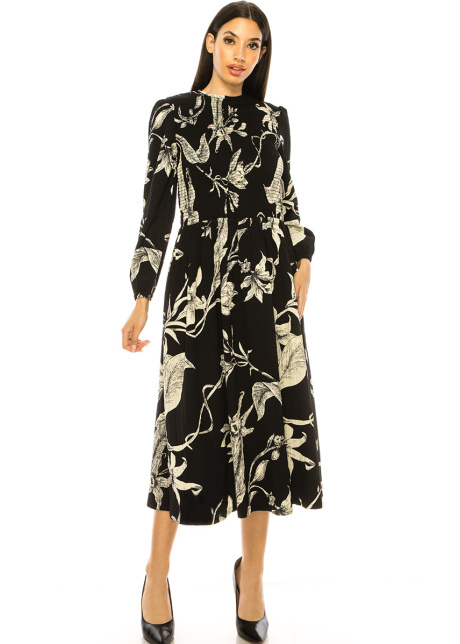 Black Floral Print Smocked Midi Dress