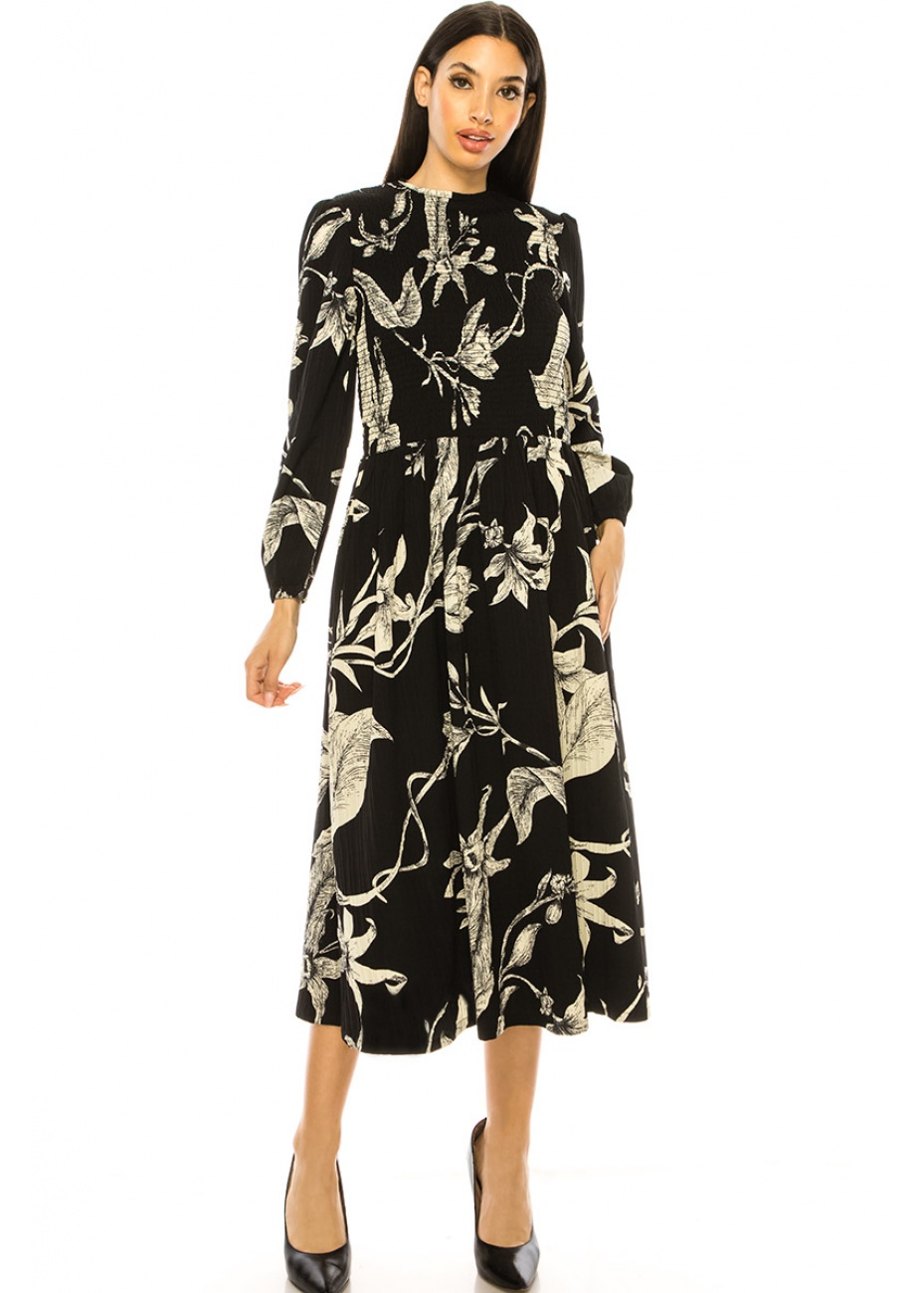 Black Floral Print Smocked Midi Dress | Modest Women Clothing - YAL New ...