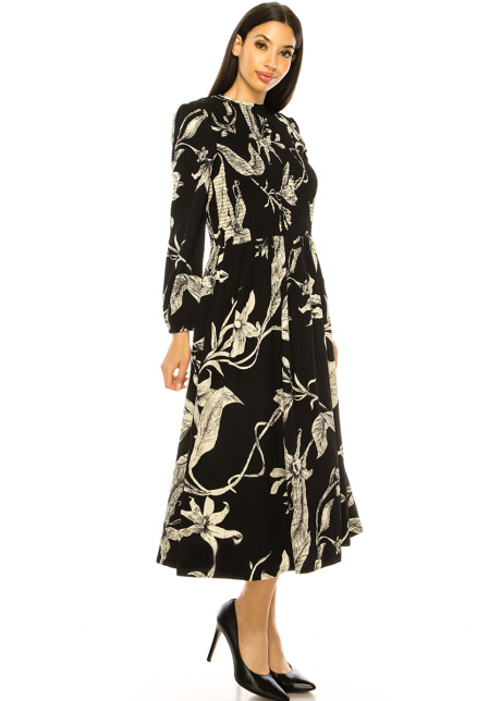 Black Floral Print Smocked Midi Dress