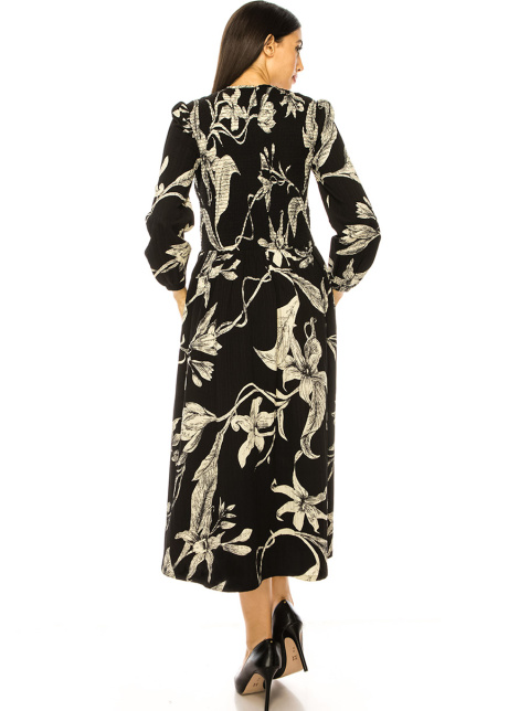 Black Floral Print Smocked Midi Dress