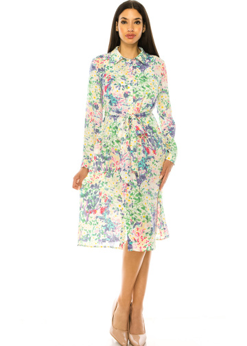 Multi Floral Shirt Collar Midi Dress