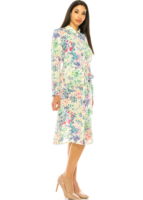 Multi Floral Shirt Collar Midi Dress