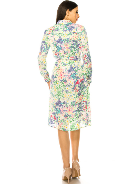 Multi Floral Shirt Collar Midi Dress