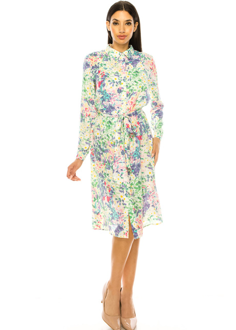 Multi Floral Shirt Collar Midi Dress