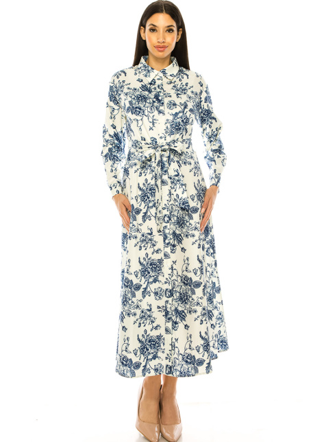 White Maxi Dress With Blue Floral Print