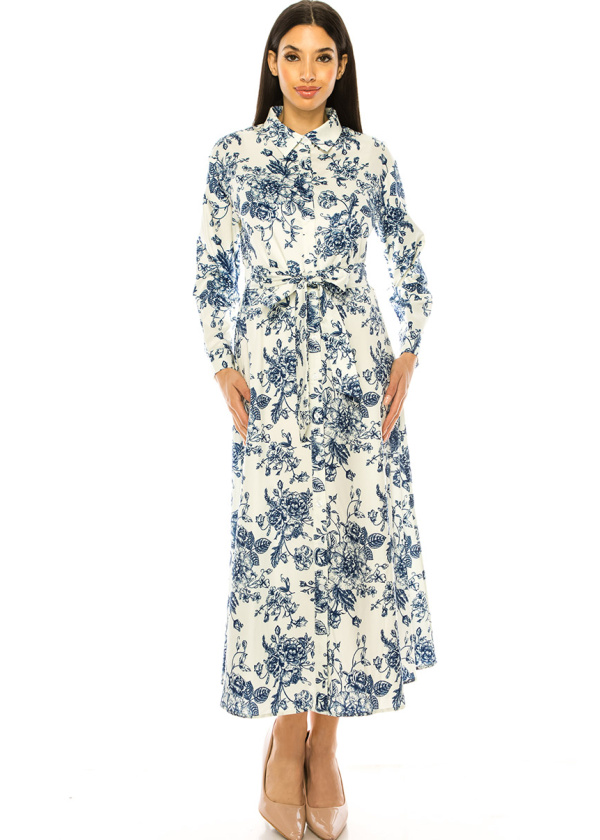 White Maxi Dress With Blue Floral Print