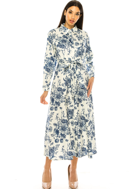 White Maxi Dress With Blue Floral Print