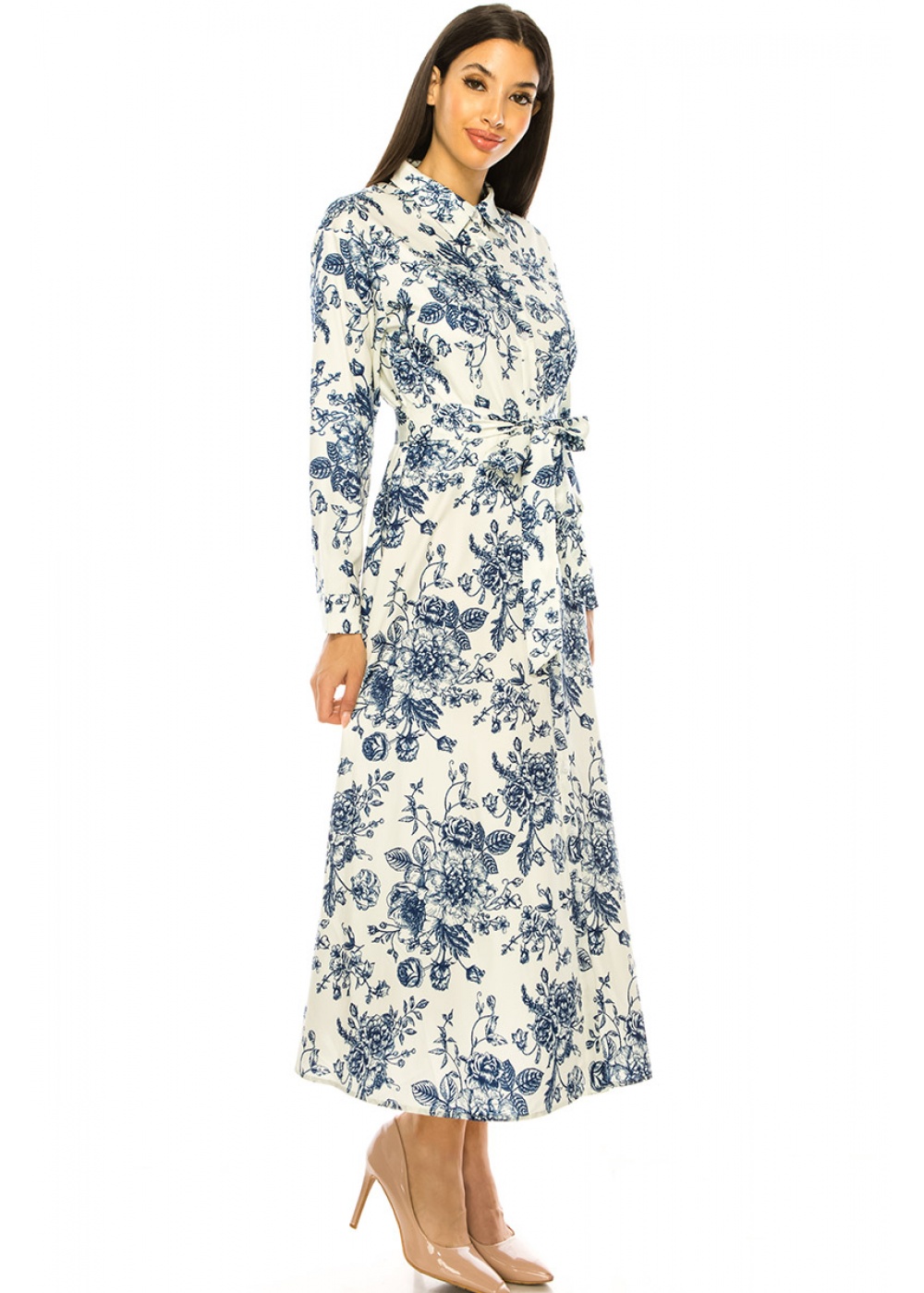White Maxi Dress With Blue Floral Print