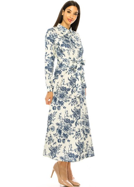 White Maxi Dress With Blue Floral Print