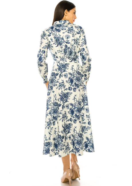 White Maxi Dress With Blue Floral Print