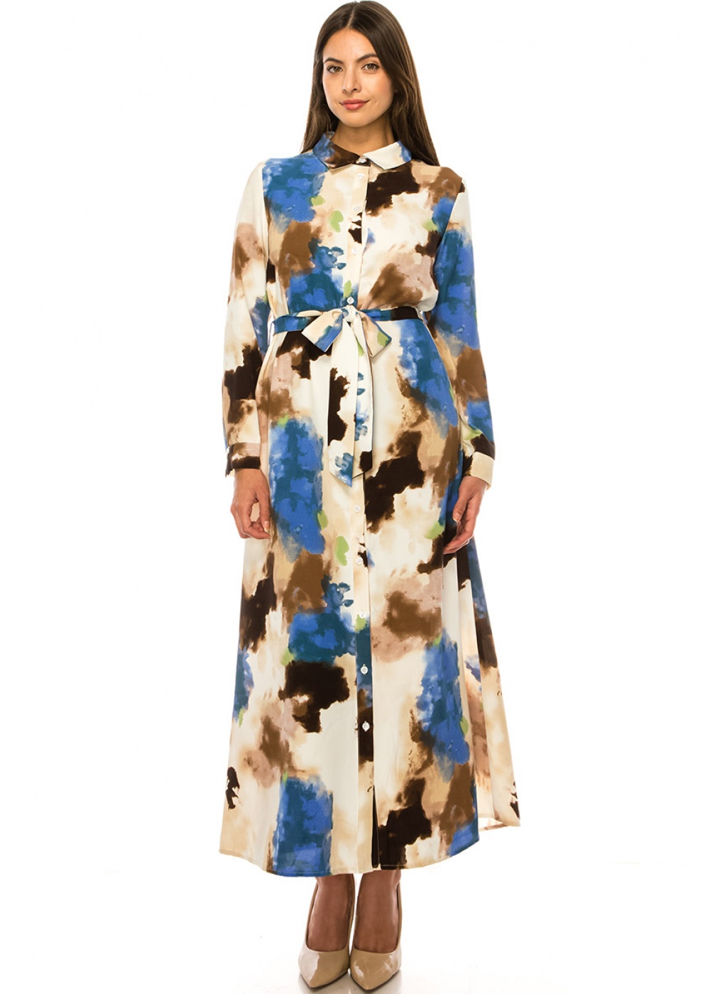 Long Sleeve Abstract Print Maxi Dress