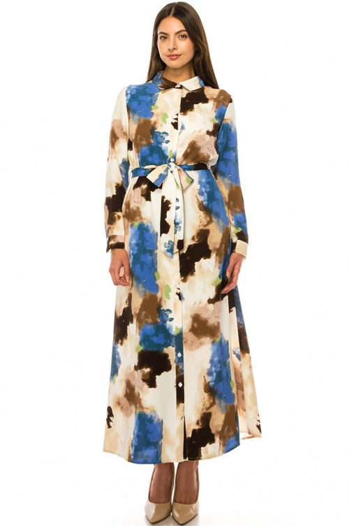 Long Sleeve Abstract Print Maxi Dress