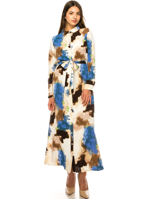 Long Sleeve Abstract Print Maxi Dress