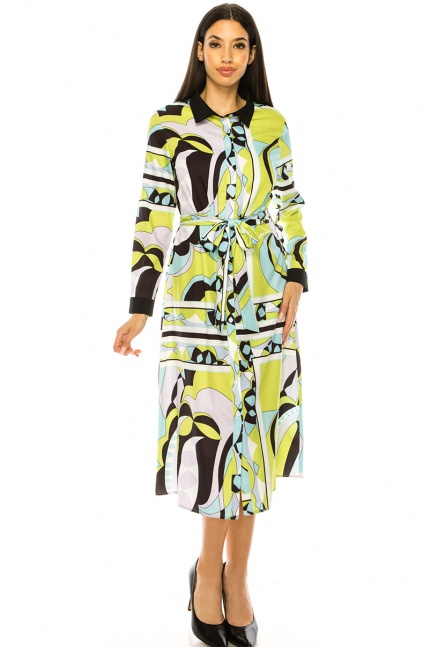 Abstract Print Midi Dress With Long Sleeves