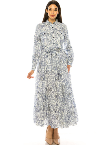 Chest Pockets Dress With Floral Print