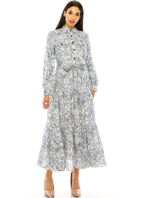 Chest Pockets Dress With Floral Print