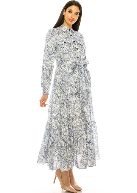 Chest Pockets Dress With Floral Print