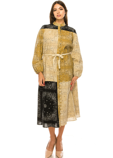 Camel Patchwork Bandana Print Dress
