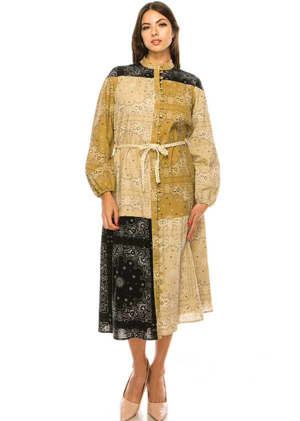 Camel Patchwork Bandana Print Dress