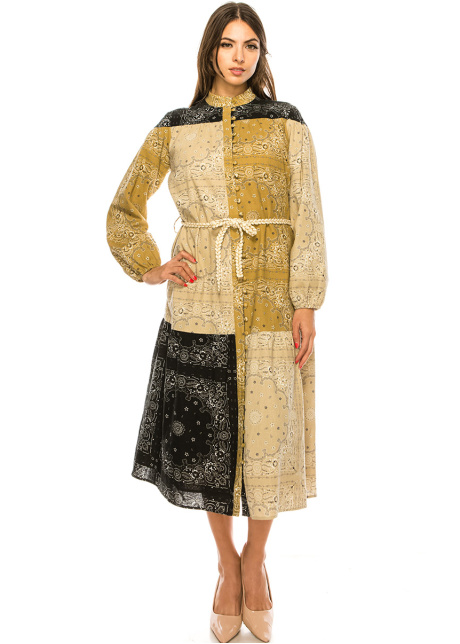 Camel Patchwork Bandana Print Dress