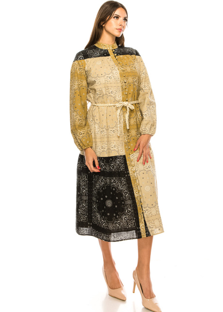 Camel Patchwork Bandana Print Dress