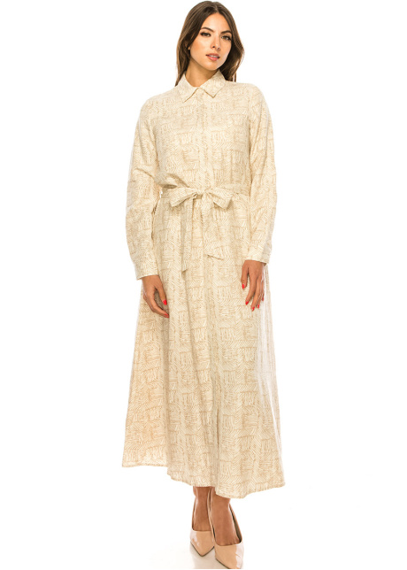 Camel Printed Dress With Shirt Collar