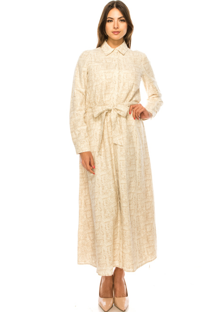 Camel Printed Dress With Shirt Collar