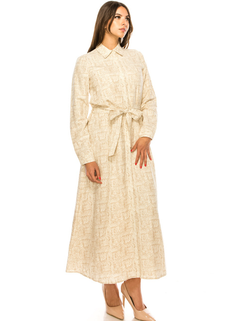 Camel Printed Dress With Shirt Collar