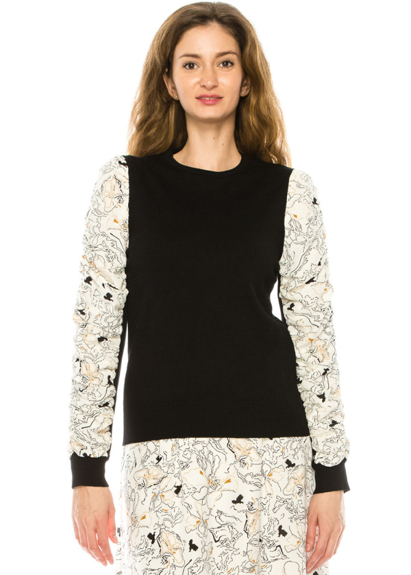 Crew Neck Sweater With White Draped Sleeves