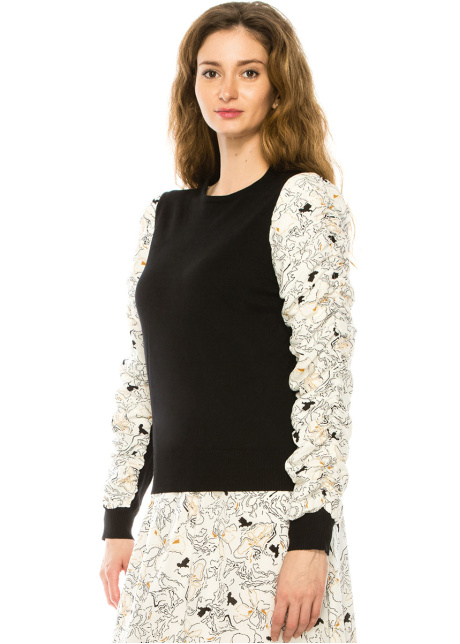 Crew Neck Sweater With White Draped Sleeves