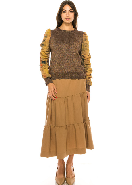 Crew Neck Gold Sweater With Draped Sleeves