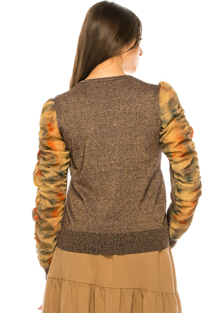 Crew Neck Gold Sweater With Draped Sleeves