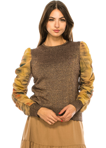 Crew Neck Gold Sweater With Draped Sleeves