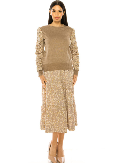 Taupe Sweater With Draped Floral Sleeves