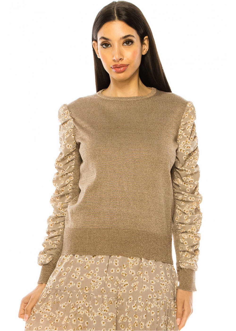 Taupe Sweater With Draped Floral Sleeves