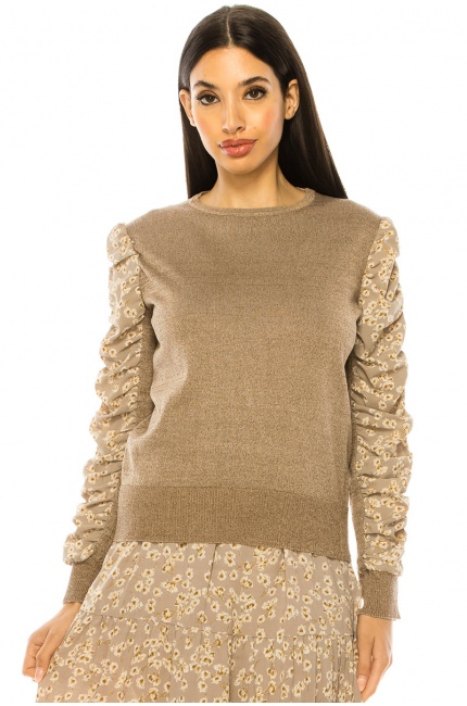Taupe Sweater With Draped Floral Sleeves