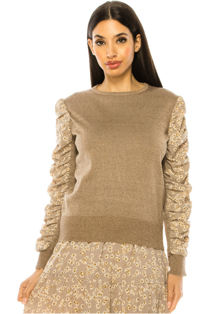 Taupe Sweater With Draped Floral Sleeves