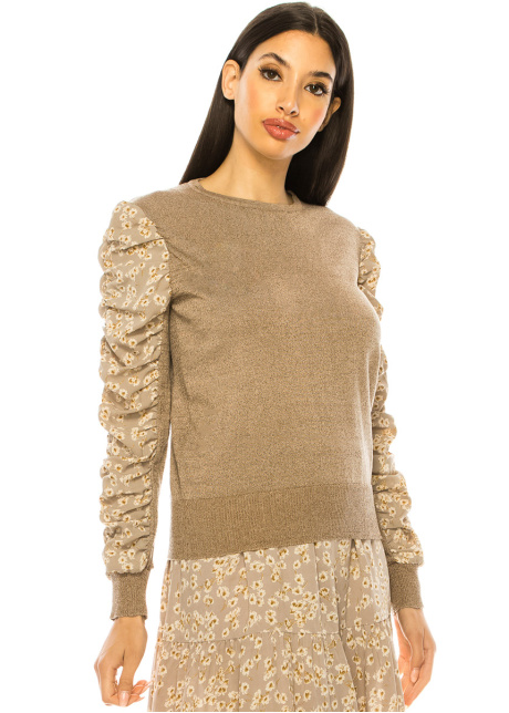 Taupe Sweater With Draped Floral Sleeves