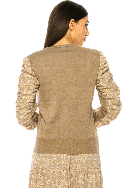 Taupe Sweater With Draped Floral Sleeves