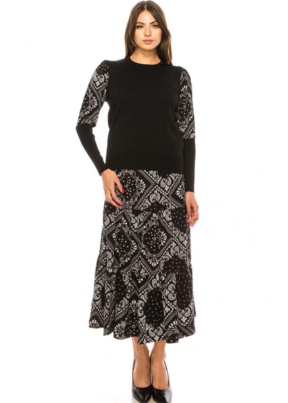 Black Bandana Print Tiered Midi Skirt