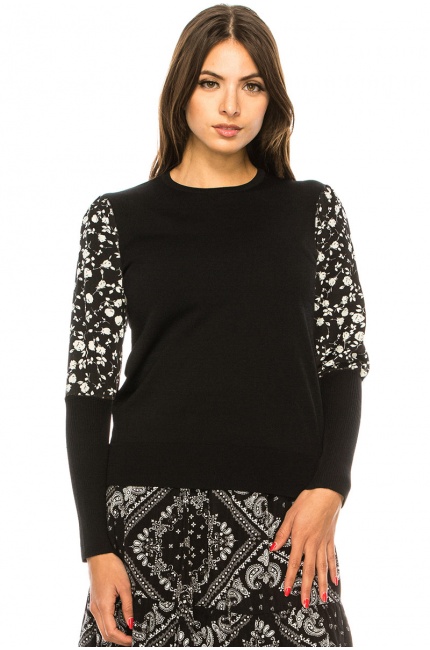 Floral Sleeve Finesse Sweater In Black