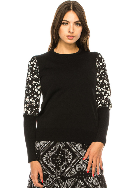 Floral Sleeve Finesse Sweater In Black