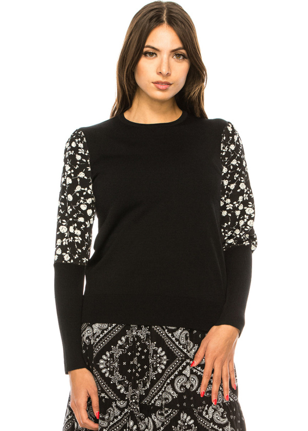 Floral Sleeve Finesse Sweater In Black